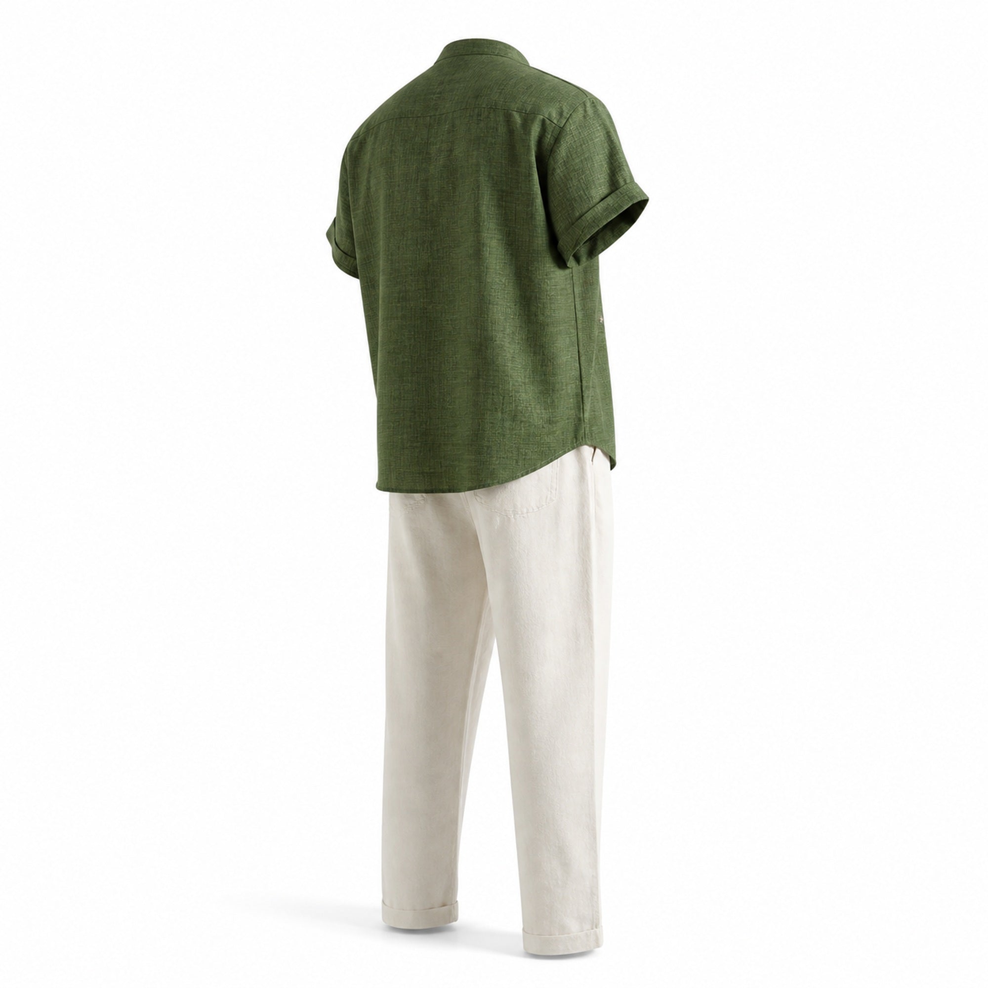 Ivelian green shirt and off-white trousers outfit set, rear studio view