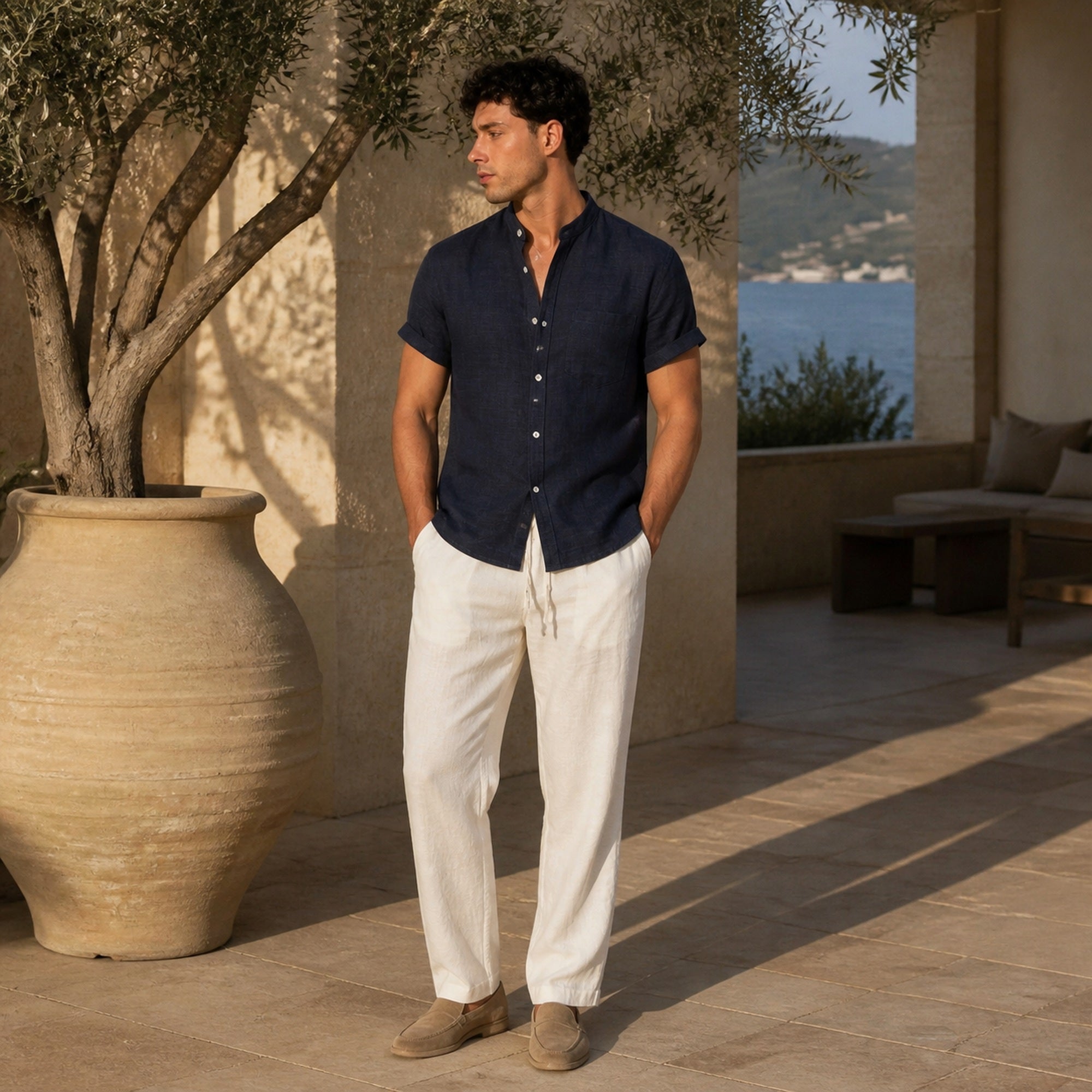 Ivelian navy outfit set styled in a coastal courtyard