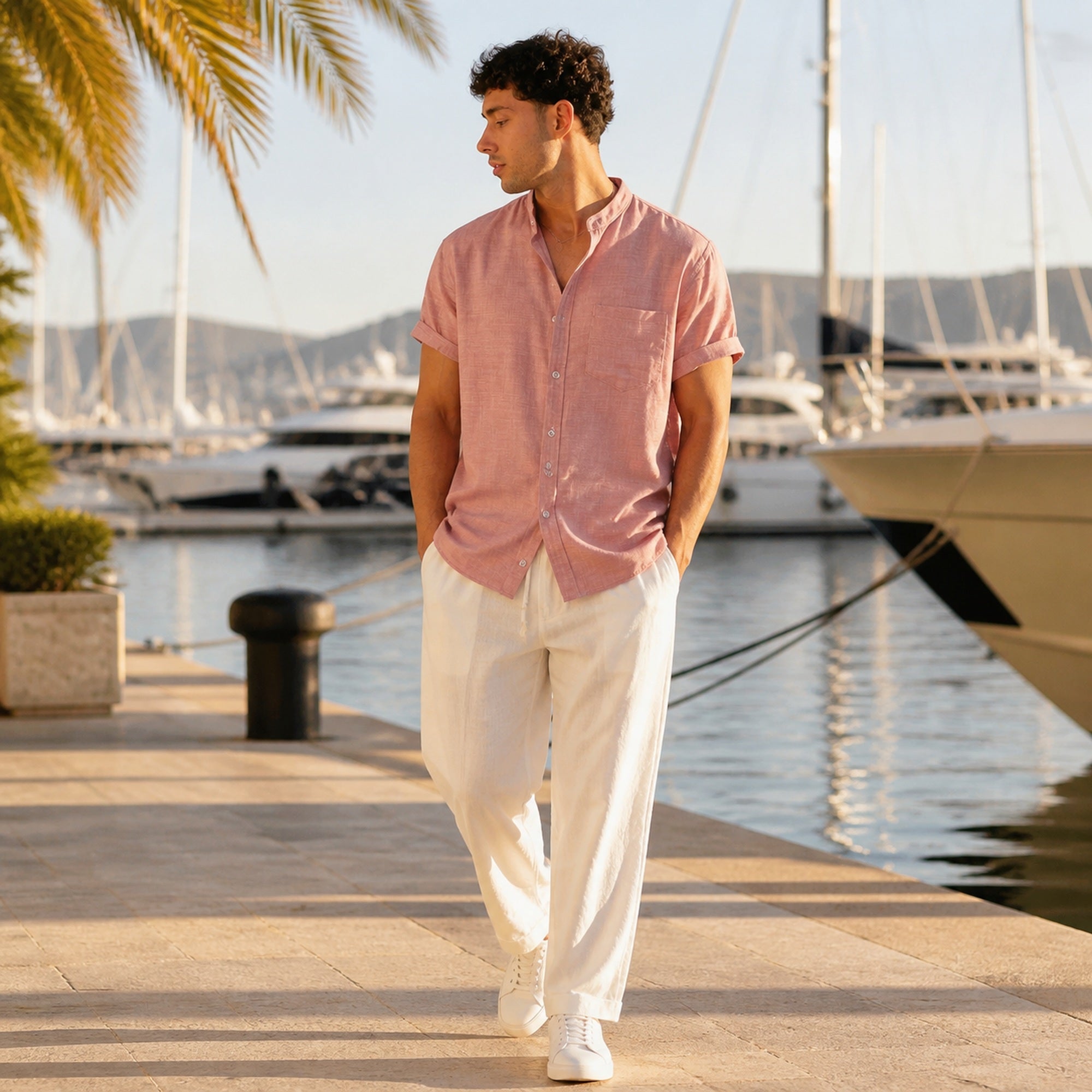 Ivelian pink outfit set styled at a marina