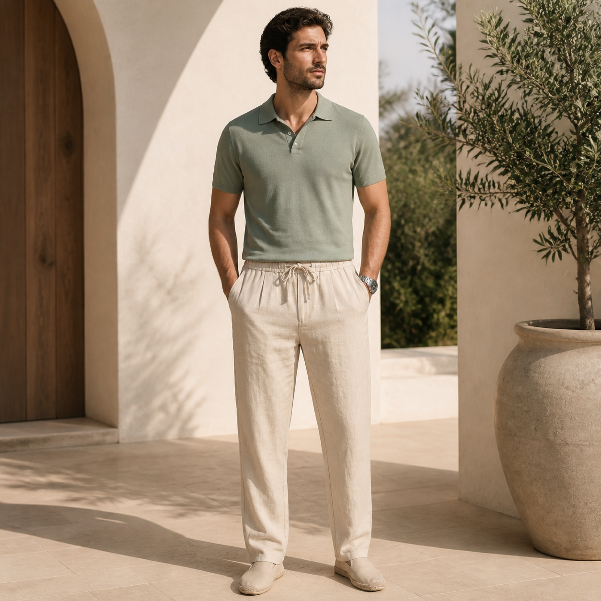 Ivemont beige linen trousers styled at a Mediterranean villa