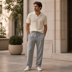Ivemont grey linen trousers styled in a city courtyard