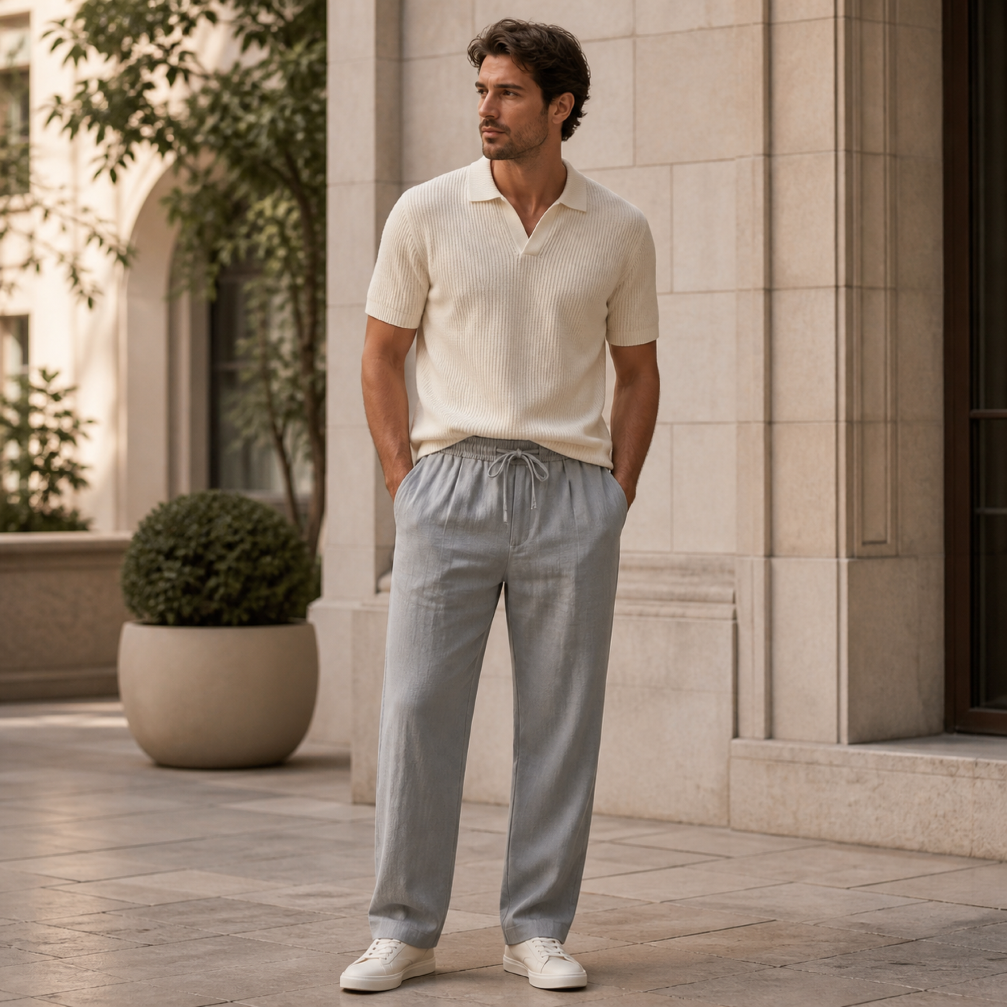 Ivemont grey linen trousers styled in a city courtyard