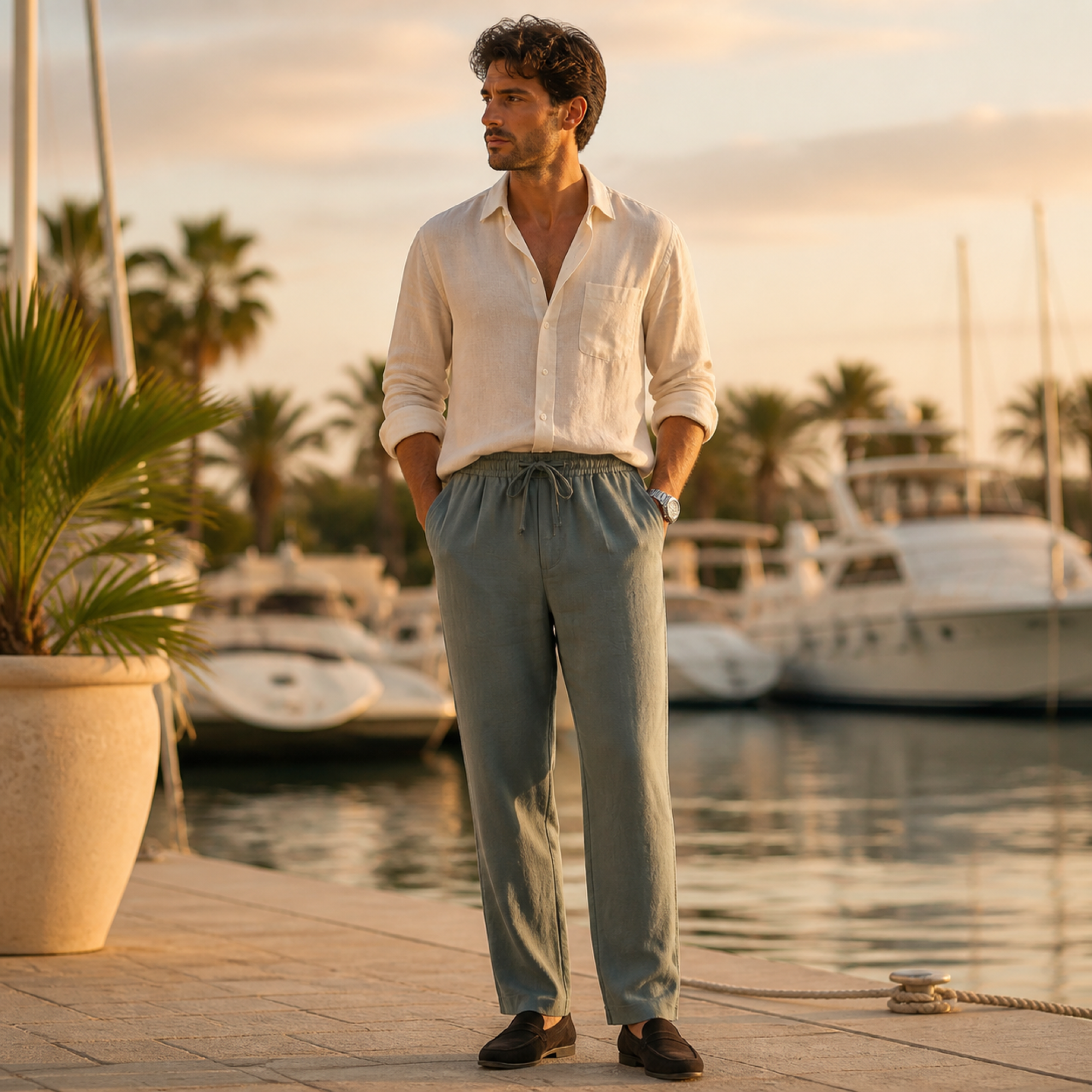 Ivemont green linen trousers styled at a marina