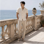 Ivevento men's ivory summer set on Mediterranean terrace