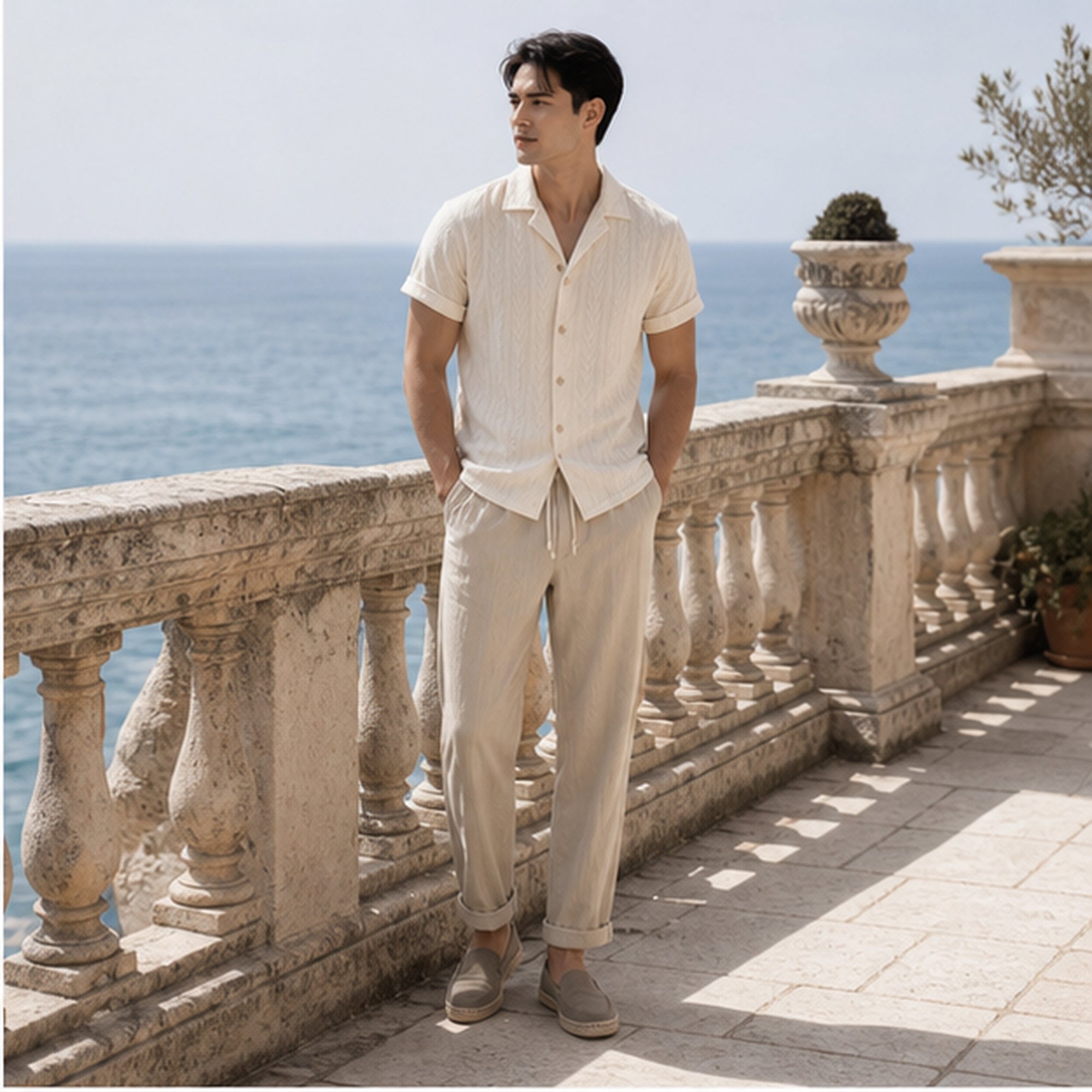 Ivevento men's ivory summer set on Mediterranean terrace