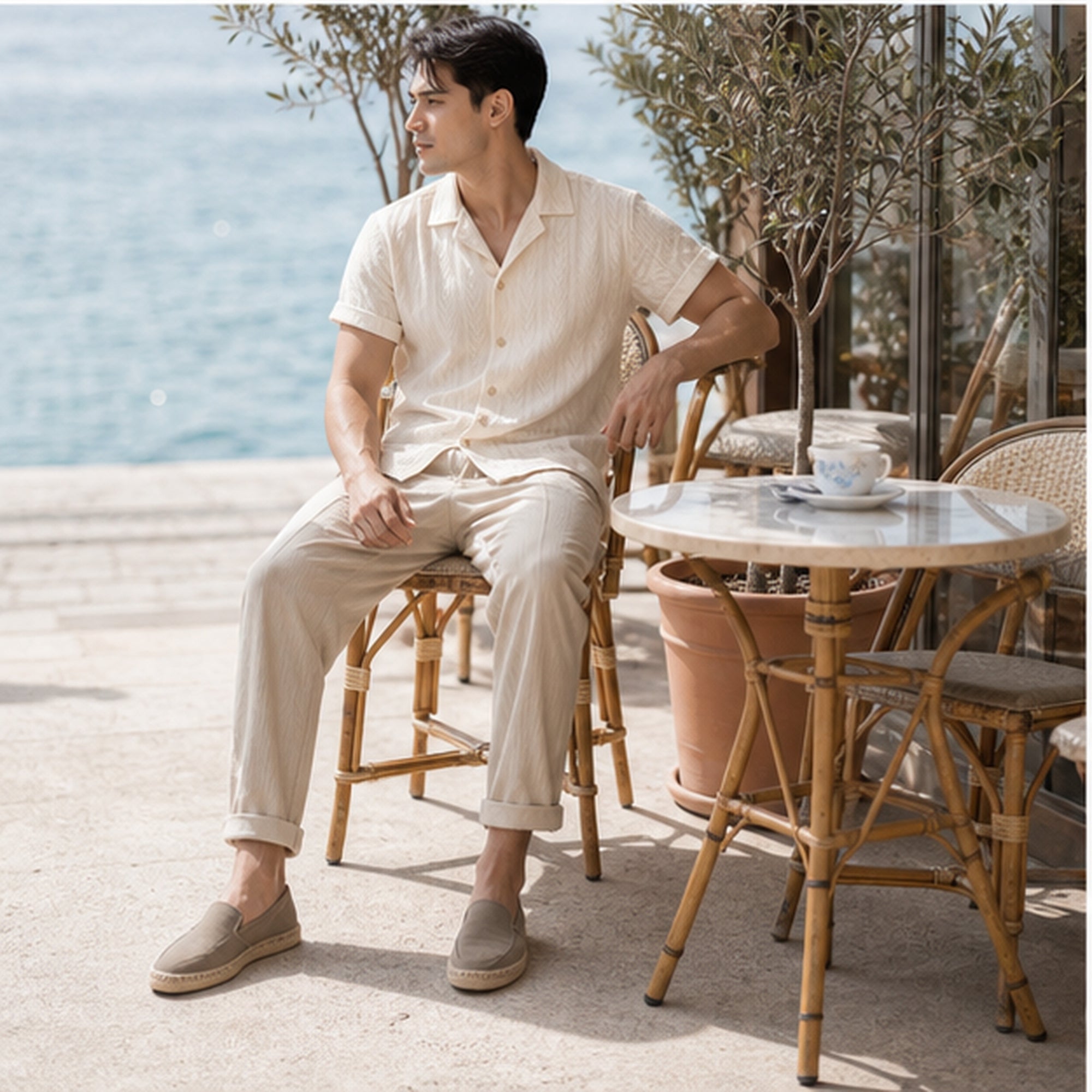 Ivevento men's textured cotton set at coastal cafe