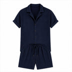 Jormont navy textured shirt and shorts set, studio front view