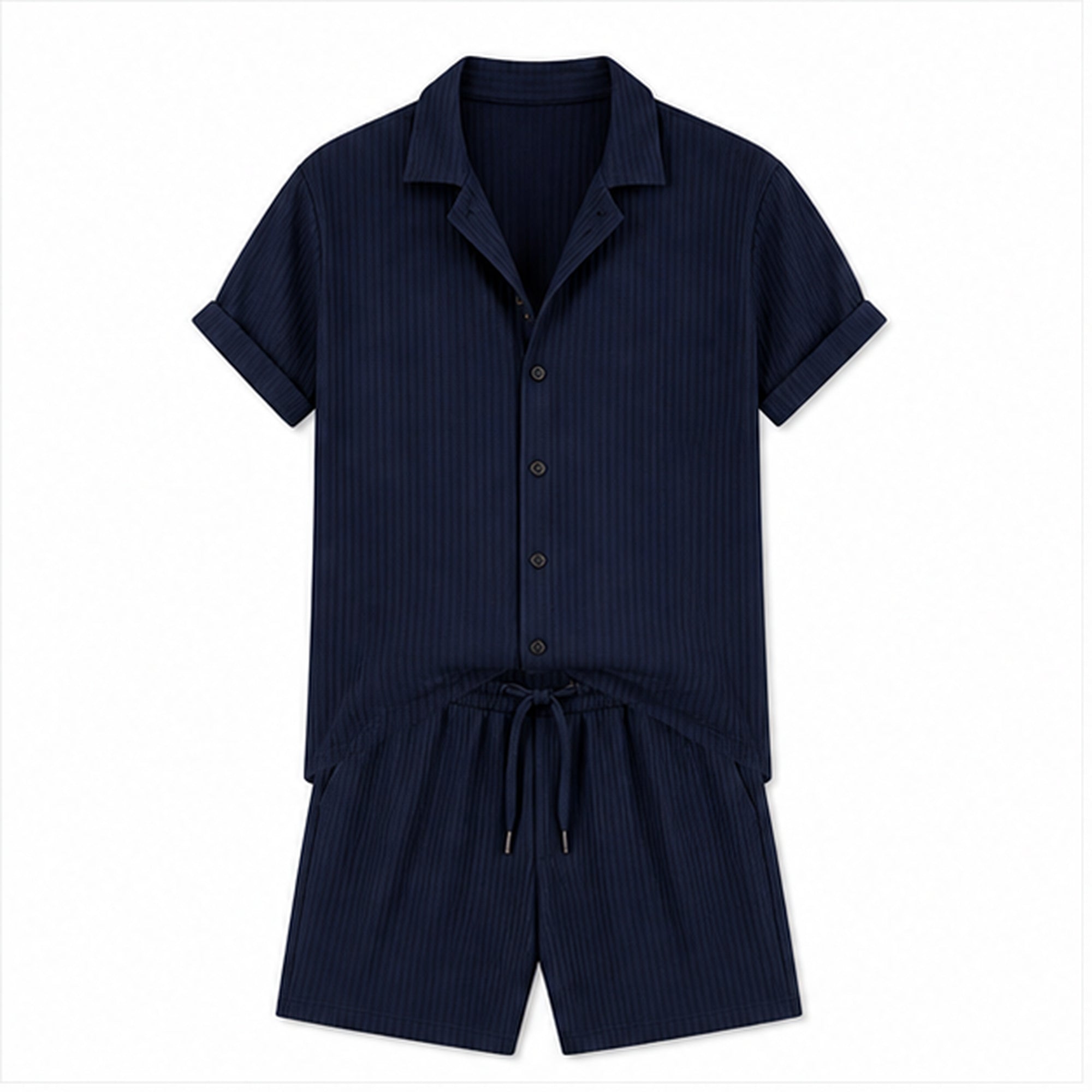 Jormont navy textured shirt and shorts set, studio front view