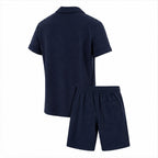 Jormont navy textured shirt and shorts set, studio rear view