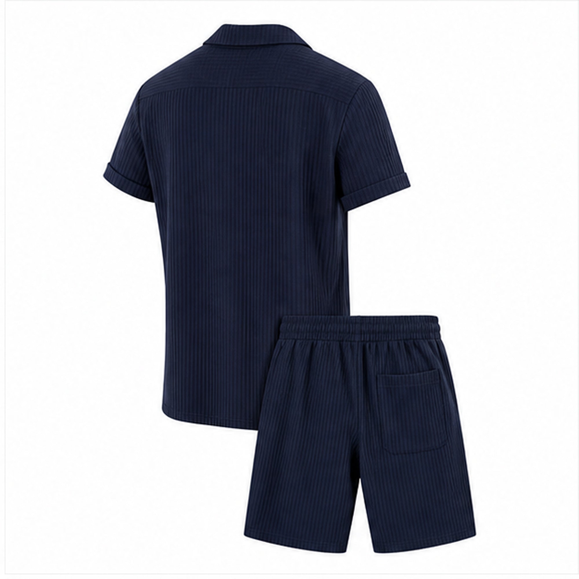 Jormont navy textured shirt and shorts set, studio rear view