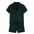 Jormont emerald textured shirt and shorts set, studio front view
