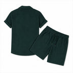 Jormont emerald textured shirt and shorts set, studio rear view