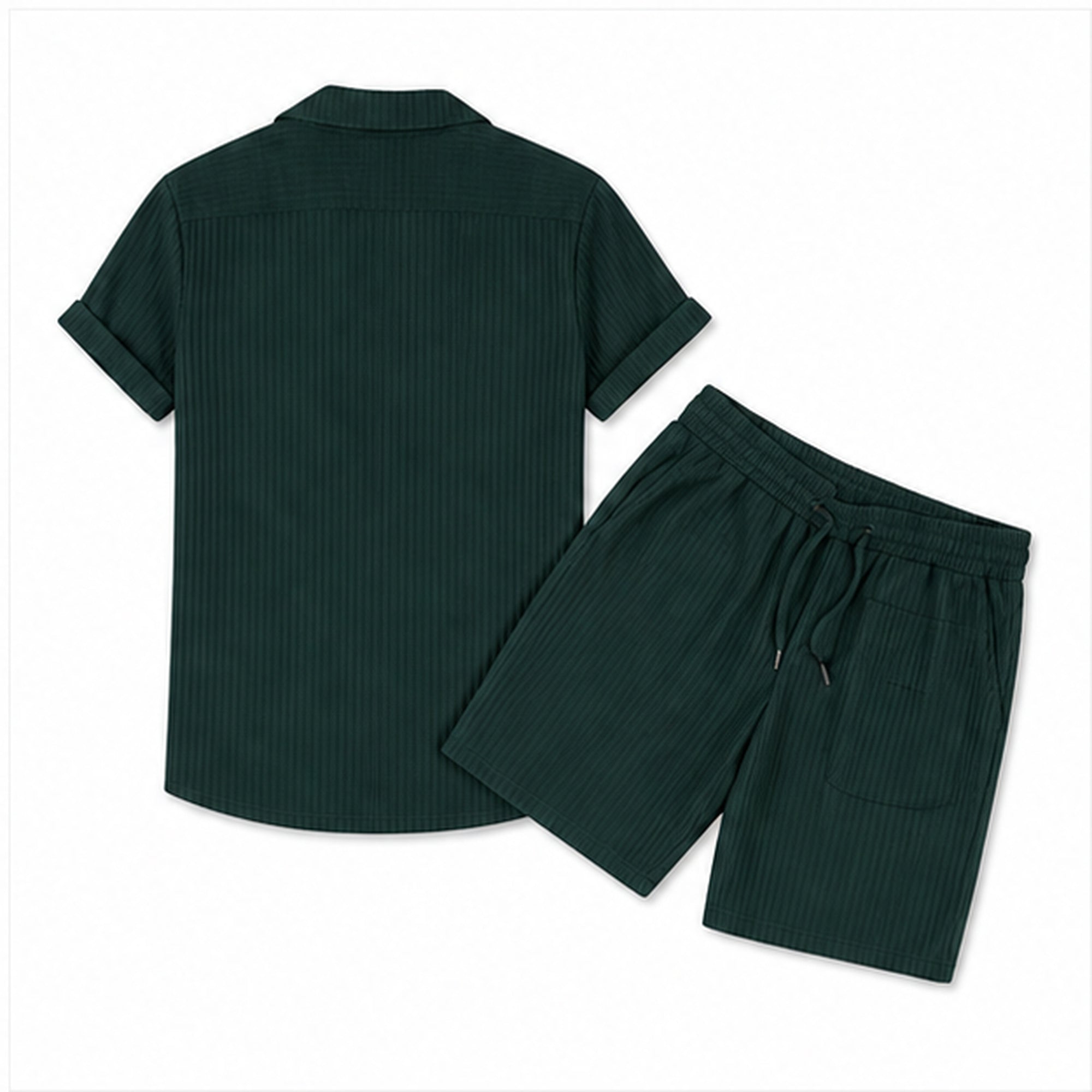 Jormont emerald textured shirt and shorts set, studio rear view
