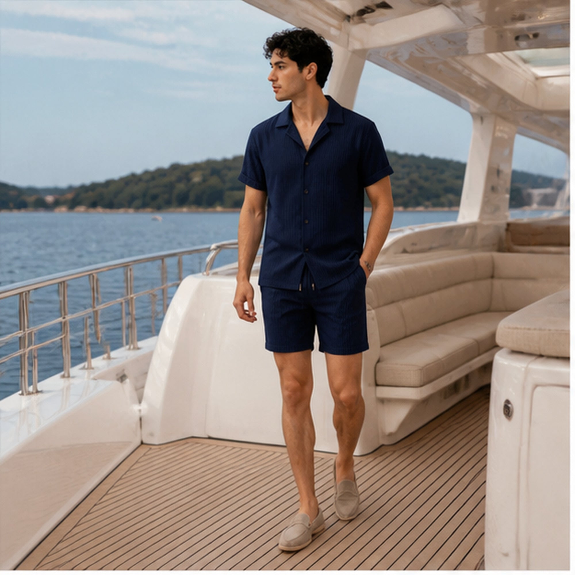 Jormont navy resort set worn on a yacht