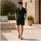 Jormont emerald resort set worn on a Mediterranean terrace