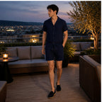 Jormont navy resort set styled for a coastal evening