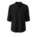 Jorrel Black — single black linen pullover shirt on white background