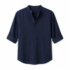 Jorrel navy men's linen pullover shirt, front studio view