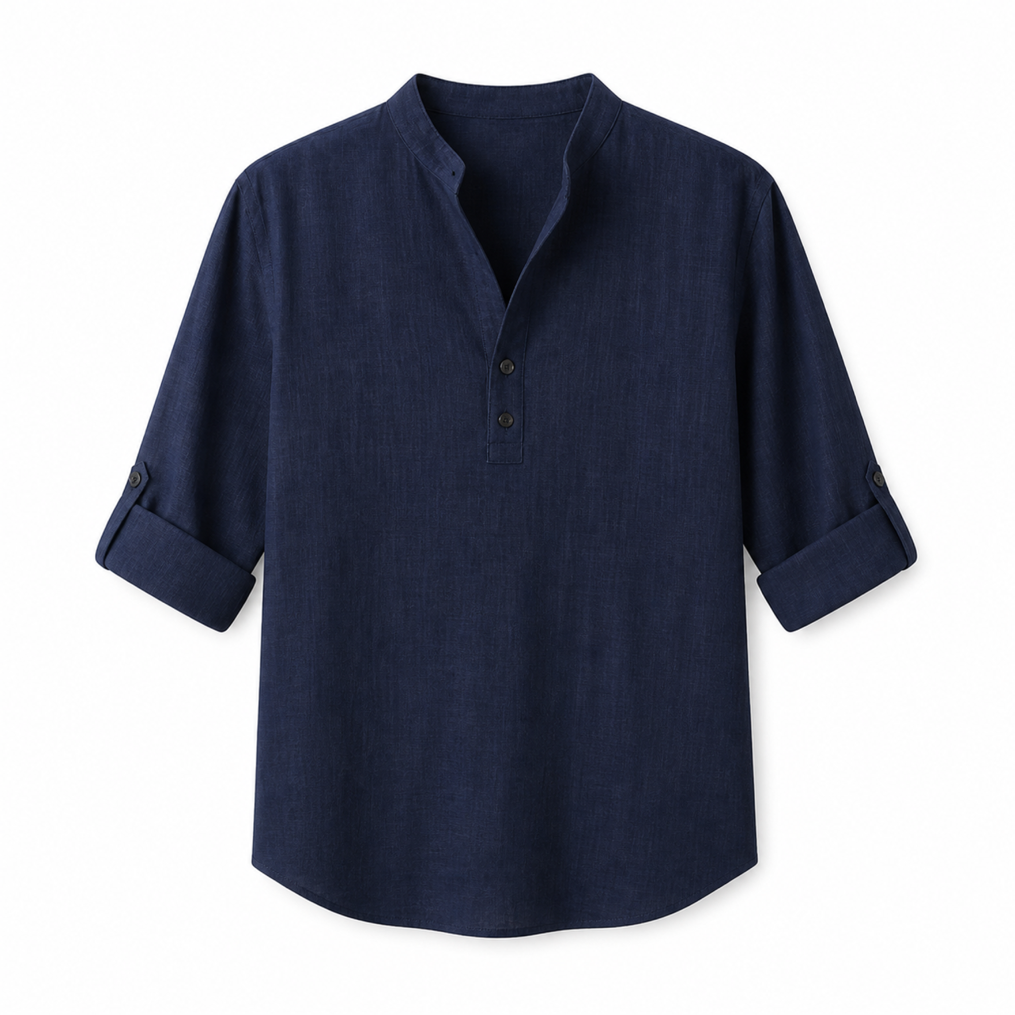 Jorrel navy men's linen pullover shirt, front studio view
