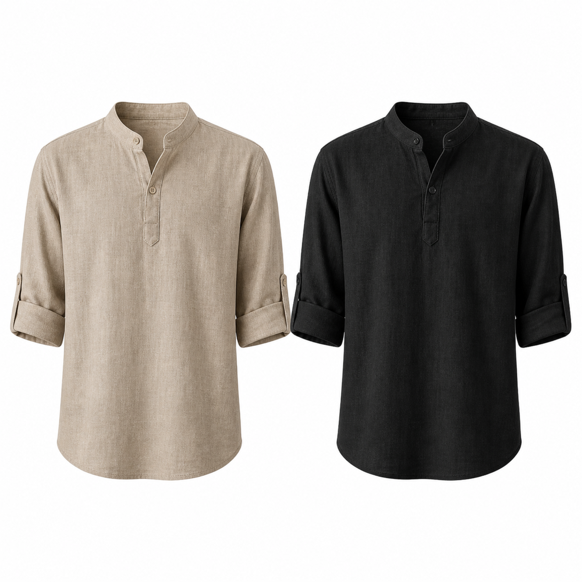 Jorrel beige and black linen pullover shirts, front studio views