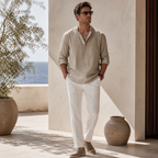 Jorrel khaki linen shirt styled at a Mediterranean villa