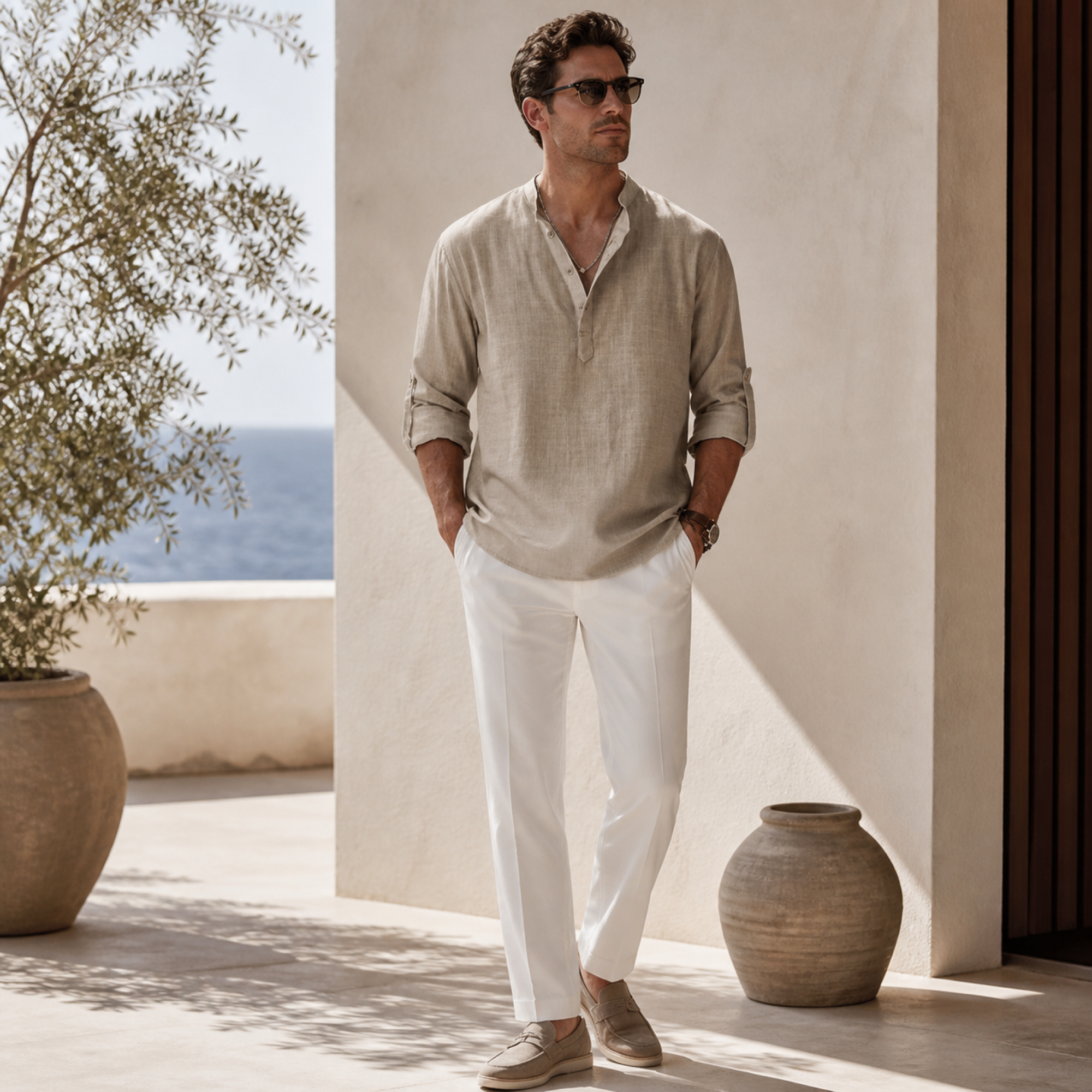Jorrel khaki linen shirt styled at a Mediterranean villa