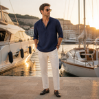 Jorrel navy linen shirt styled at a marina