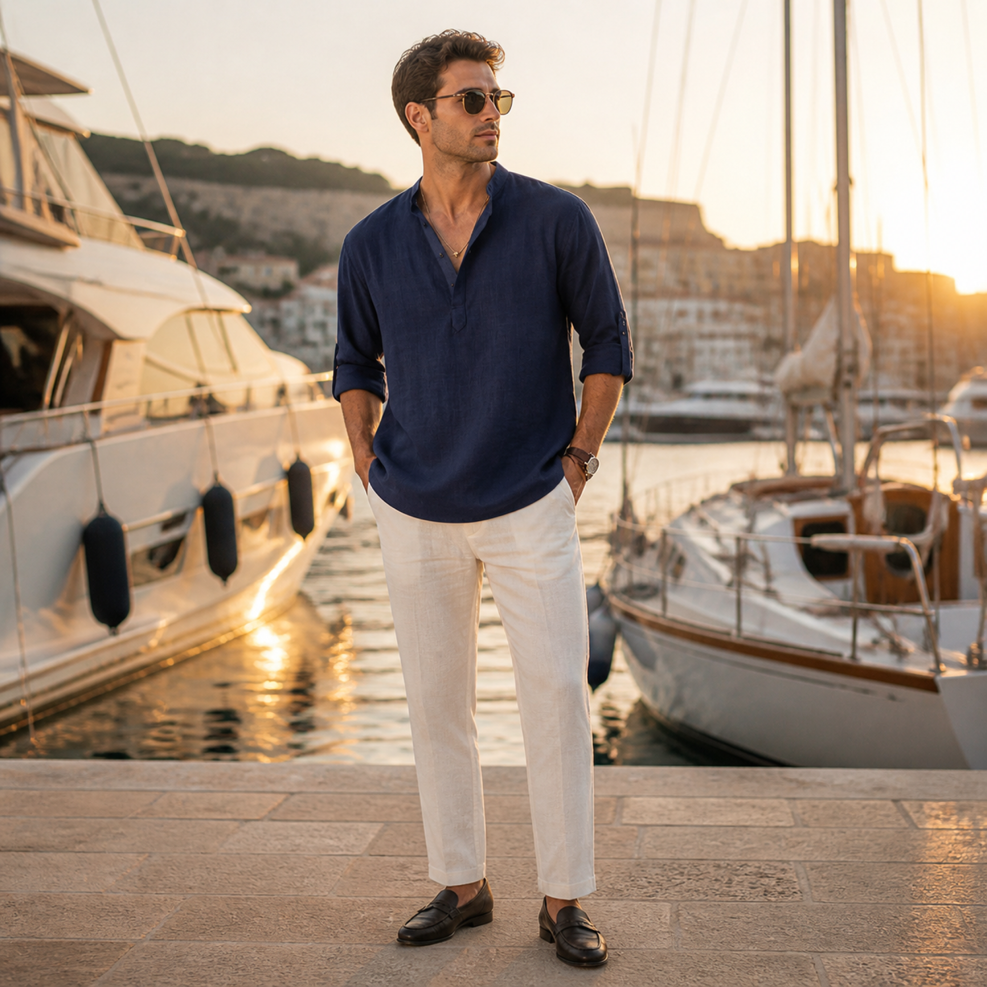 Jorrel navy linen shirt styled at a marina