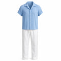 Jorvane sky-blue camp-collar shirt and white trousers set, front studio view