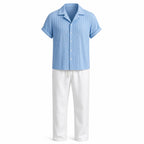 Jorvane sky-blue camp-collar shirt and white trousers set, front studio view