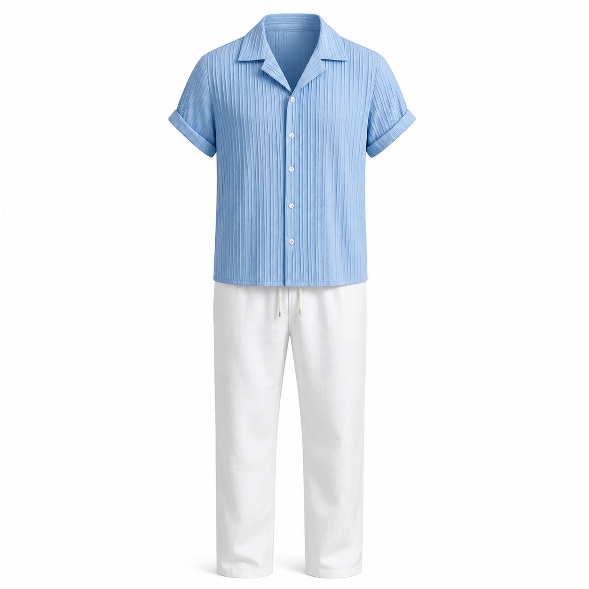 Jorvane sky-blue camp-collar shirt and white trousers set, front studio view