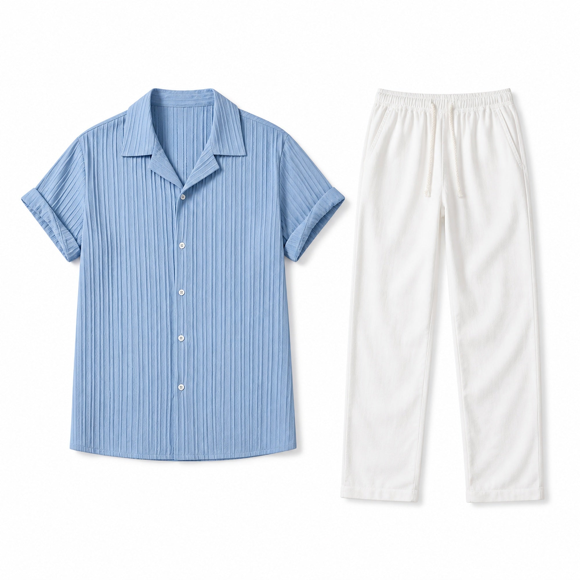 Jorvane sky-blue shirt and white trousers set, flat-lay studio view