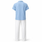 Jorvane sky-blue shirt and white trousers set, rear studio view