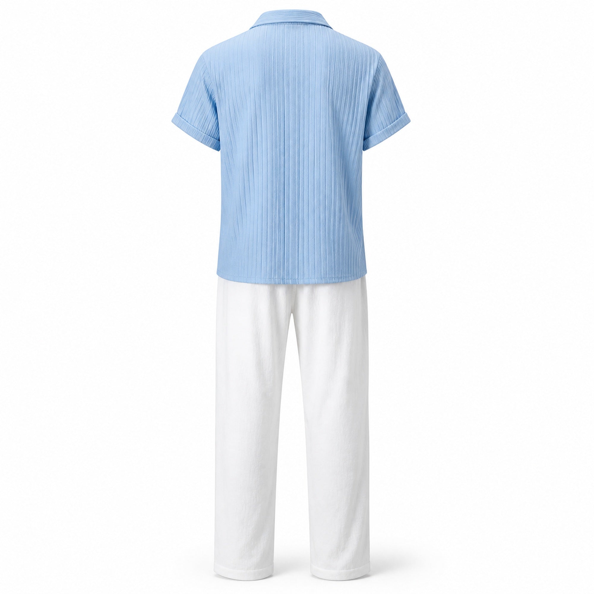 Jorvane sky-blue shirt and white trousers set, rear studio view