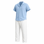 Jorvane sky-blue shirt and white trousers set, angled studio view