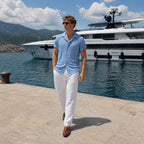 Jorvane outfit set styled beside a yacht