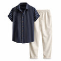 Kalemere navy striped shirt and beige drawstring trousers set, ghost mannequin studio view