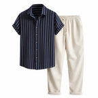 Kalemere navy striped shirt and beige drawstring trousers set, ghost mannequin studio view