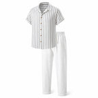 Kalemere white striped shirt and white drawstring trousers set, ghost mannequin studio view