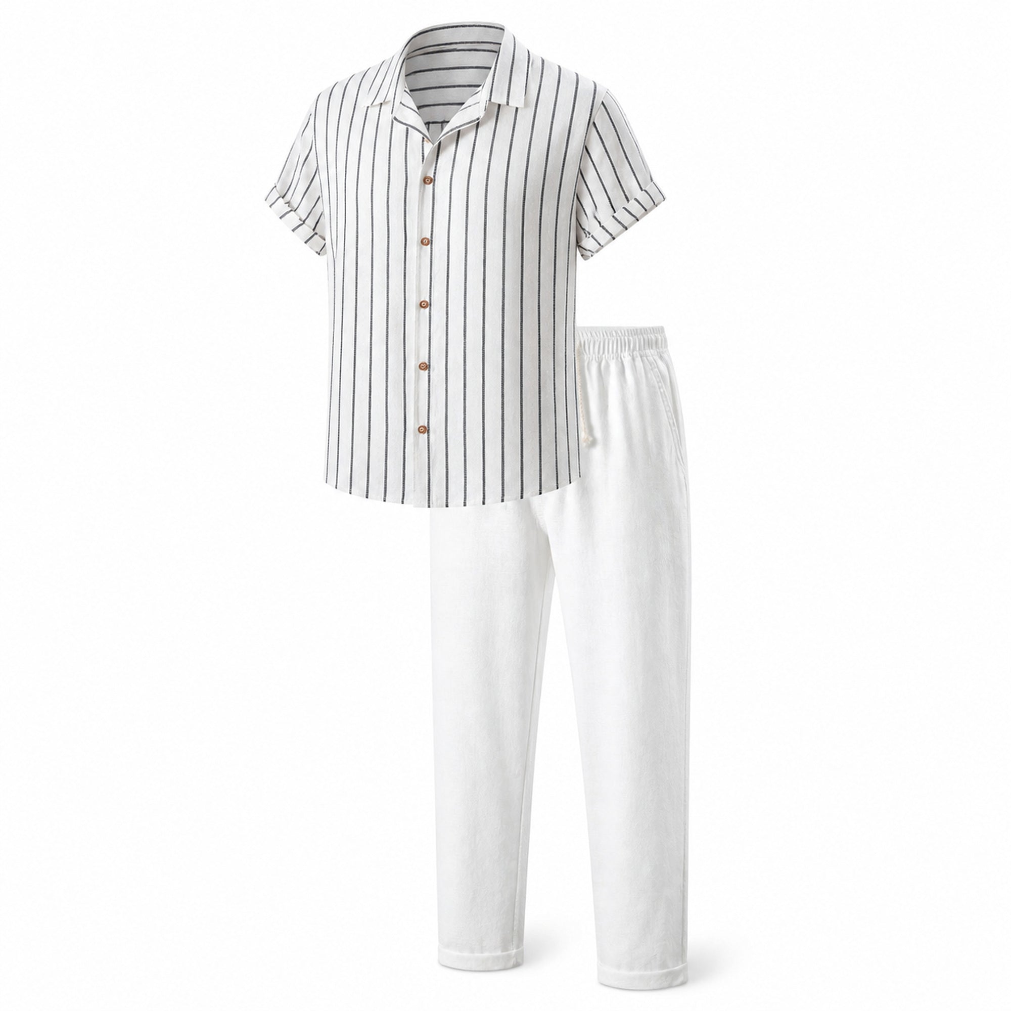 Kalemere white striped shirt and white drawstring trousers set, ghost mannequin studio view