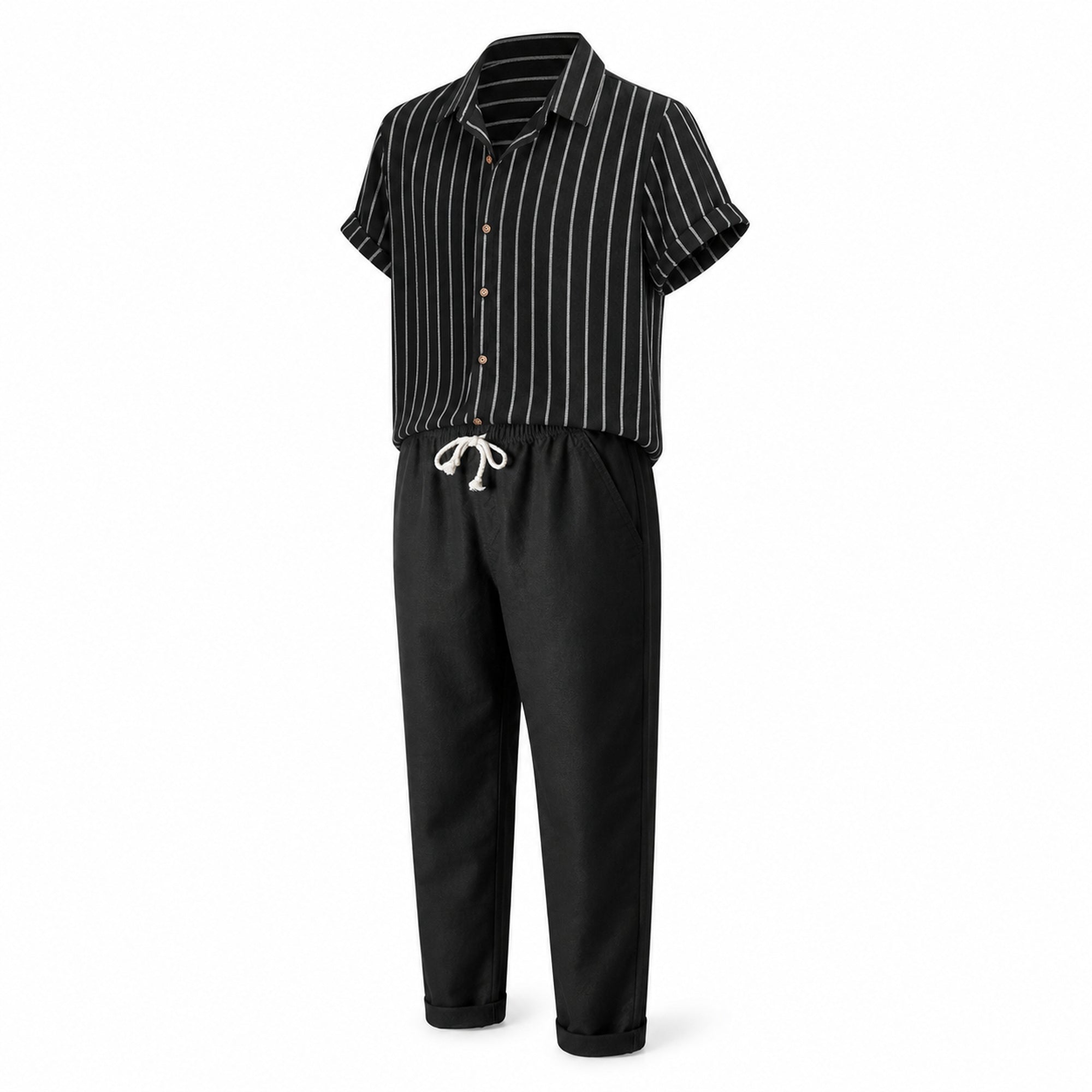 Kalemere black striped shirt and black drawstring trousers set, ghost mannequin studio view