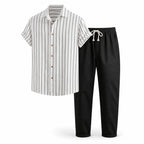 Kalemere white striped shirt and black drawstring trousers set, ghost mannequin studio view