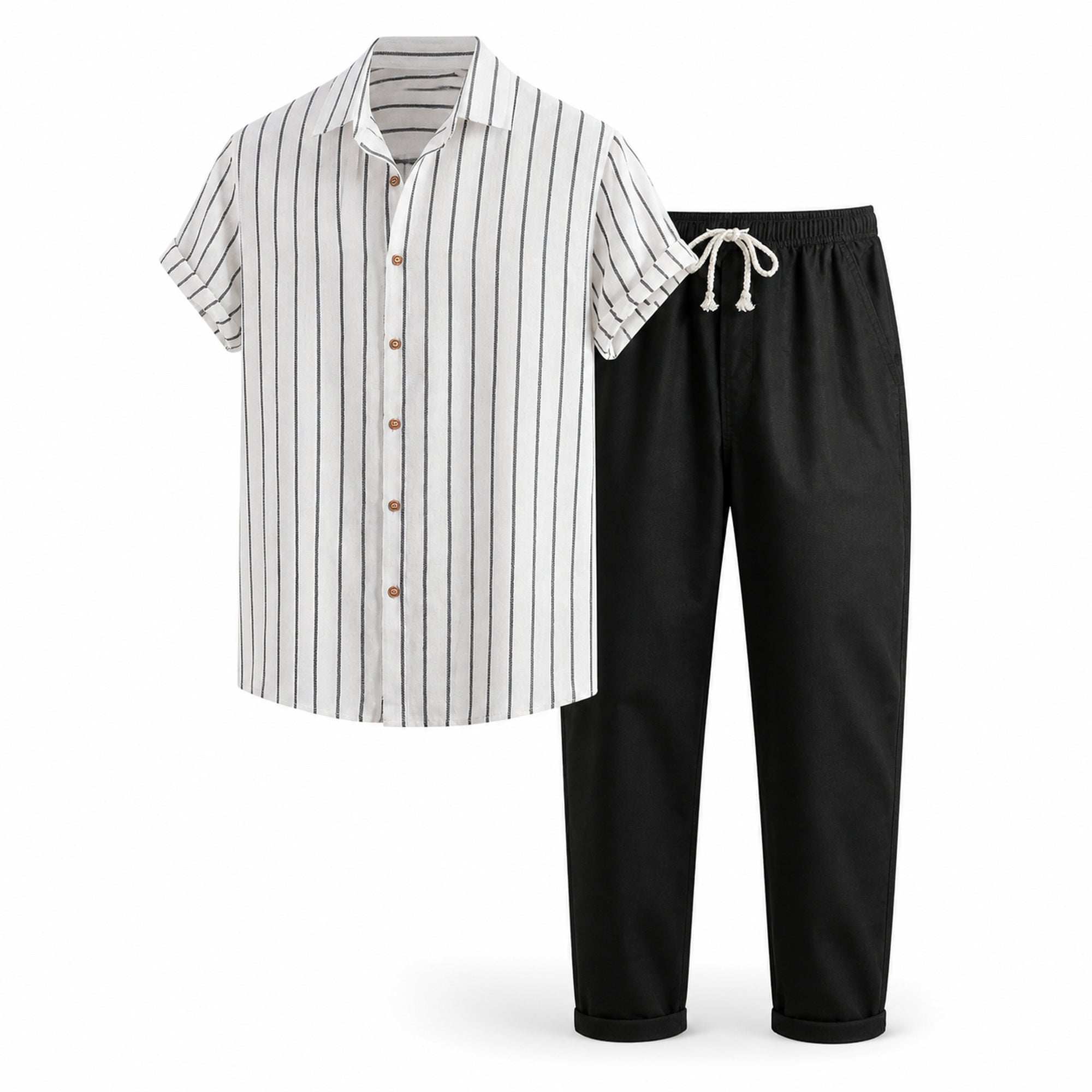 Kalemere white striped shirt and black drawstring trousers set, ghost mannequin studio view