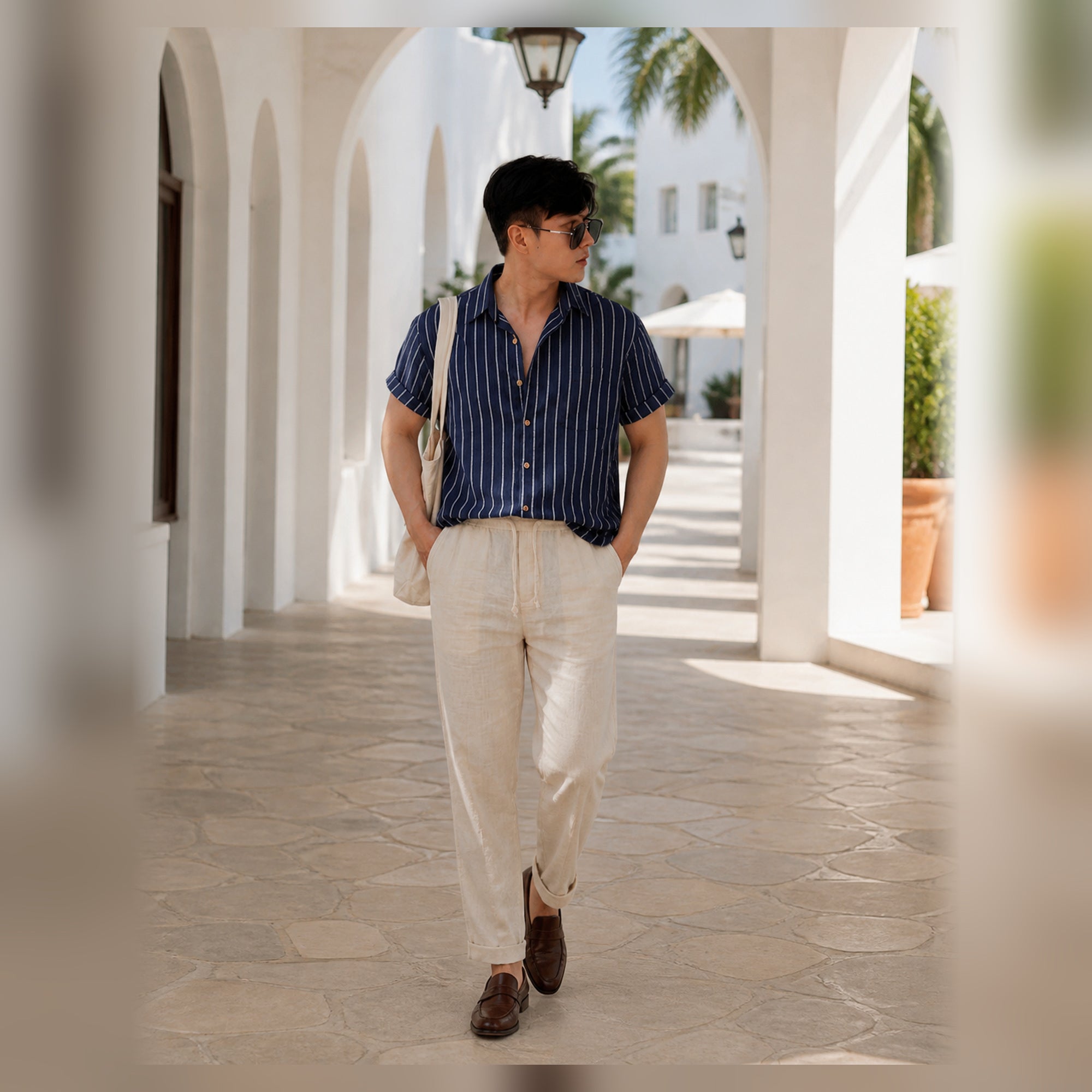 Kalemere navy and beige outfit styled at a Mediterranean resort