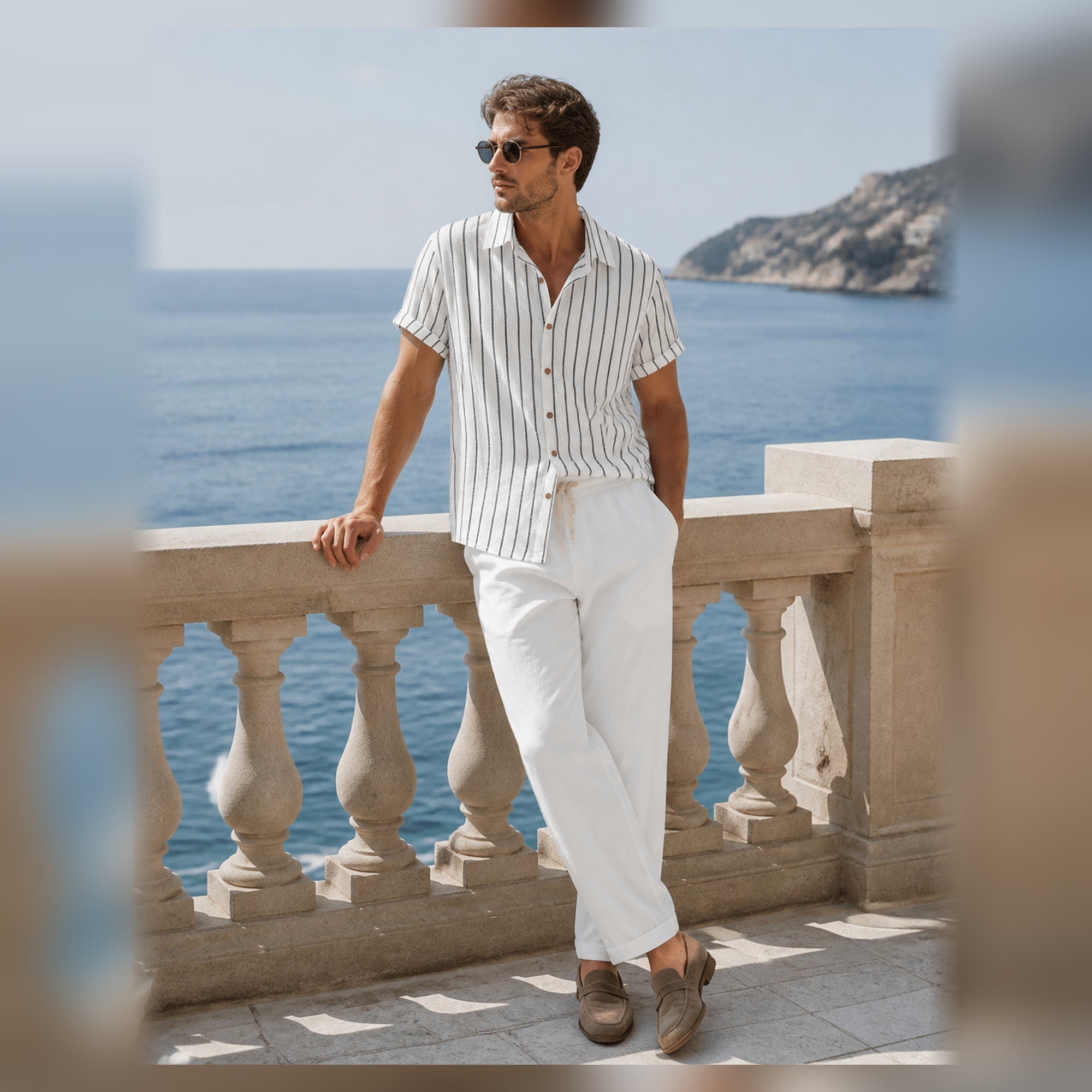 Kalemere white outfit styled on a seaside terrace