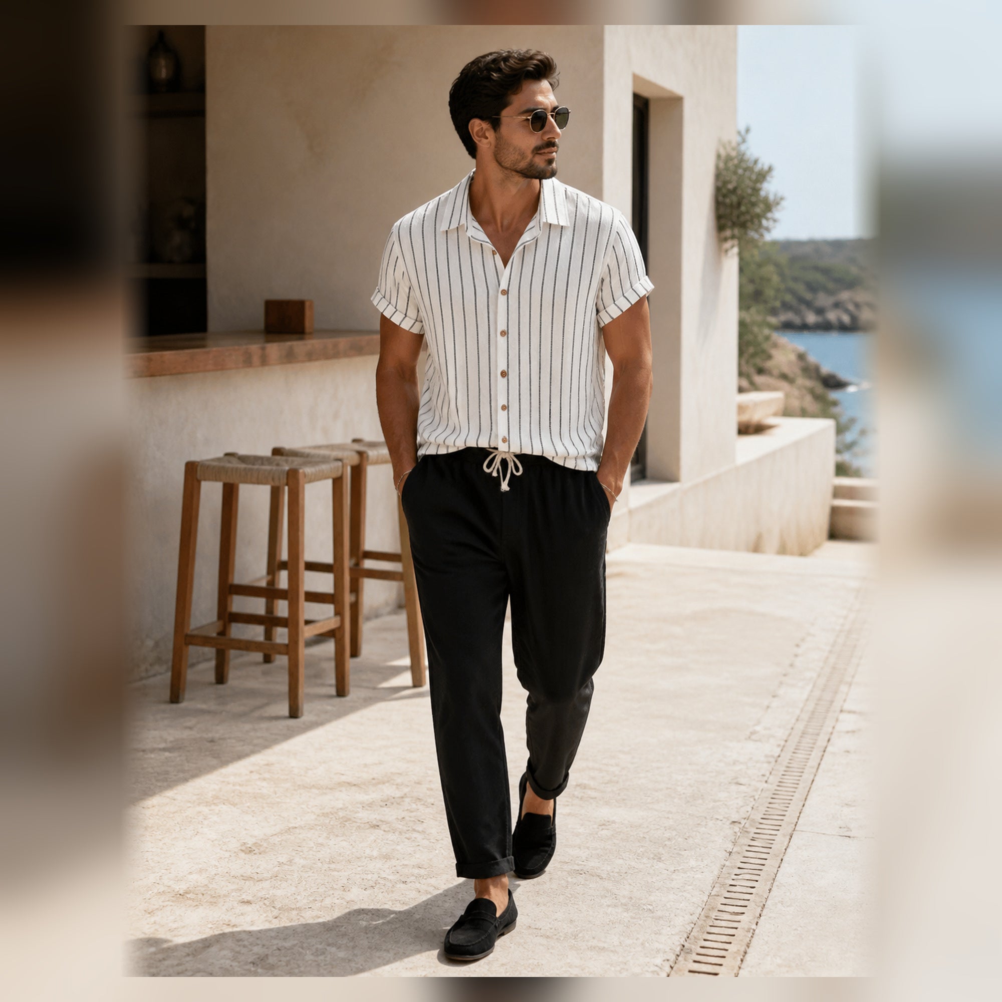 Kalemere white and black outfit styled at a coastal cafe