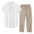 Kalerel white mandarin-collar shirt and tan drawstring trousers, studio view