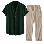 Kalerel dark green mandarin-collar shirt and tan drawstring trousers, studio view