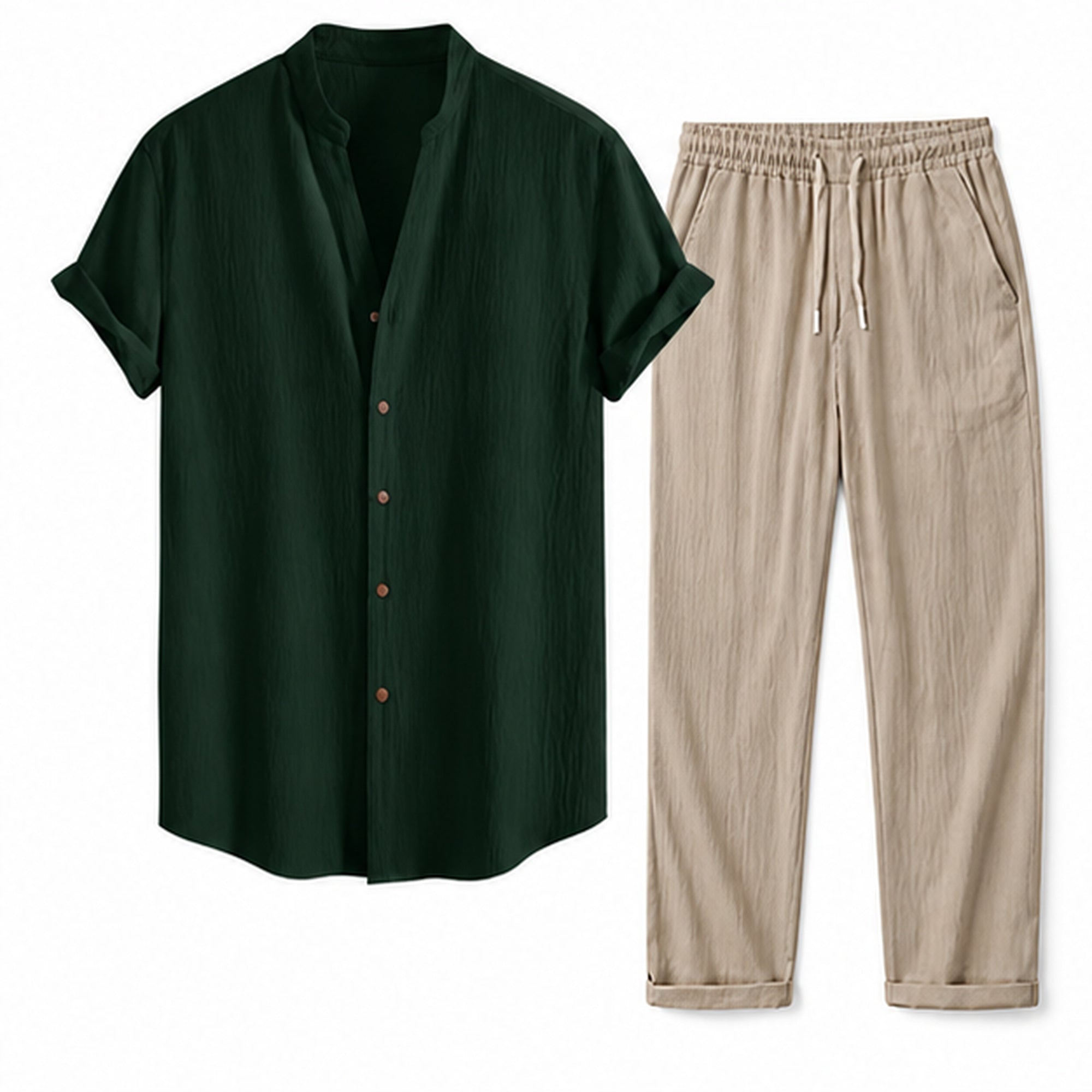 Kalerel dark green mandarin-collar shirt and tan drawstring trousers, studio view