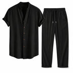Kalerel black shirt and black drawstring trousers, studio view